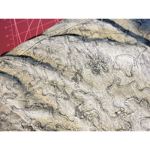 Boho Minimalist Gray Embroidered Button Down Top | Artsy Textured Long Sleeve M - Picture 11 of 16